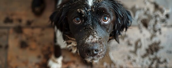 Muddy dog creates a mess emphasizing cleaning services . Concept Muddy Dog Photoshoot, Cleaning Service Advertisement, Before and After Shots, Muddy Paw Cleanup, Pet-friendly Cleaning Solutions