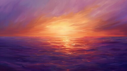 Naklejka na ściany i meble Purple and Orange Sunset Ocean Digital Painting, To evoke emotions of peace and tranquility through a beautiful sunset ocean scene, suitable for use