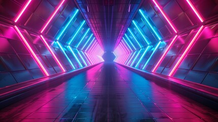 Futuristic passageway with neon shining in pink and light blue