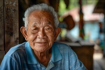 Shy Thai Elderly Man in Light Blue Polo Smiling at Camera, To convey a sense of cultural authenticity, wisdom, and sincerity through the portrait of - obrazy, fototapety, plakaty
