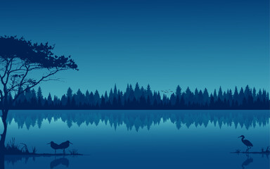 Wetland River Lake landscape background vector illustration birds flying pine forest woods water reflection beautiful scenery background web cover banner - obrazy, fototapety, plakaty