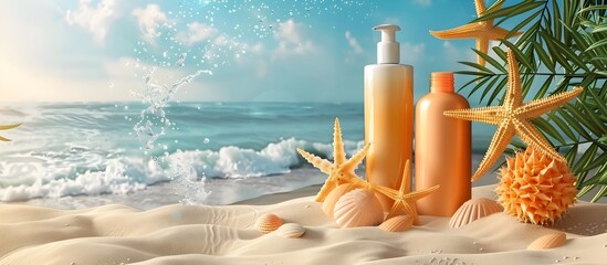 Summer Sunscreen Bottles on the Beach with Starfish and Shells, To promote and advertise a sunscreen brand for summer skin care, using a visually - obrazy, fototapety, plakaty