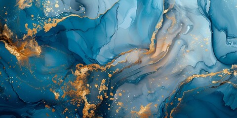 Abstract blue marble texture with gold splashes
