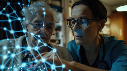 A senior woman engages in virtual reality treatment under the guidance of a nurse, surrounded by illuminated neurological networks
