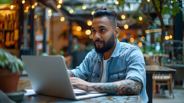 Tattooed Man Concentrating on Laptop at Urban Cafe with Warm Lighting