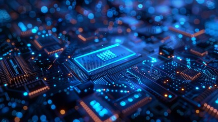 Microchip and circuitry close-up, bathed in neon blue and orange light, showcasing the intricate beauty of technology. - obrazy, fototapety, plakaty