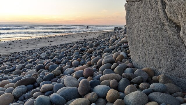 The Melted Rocks of Swamis Beach. Erosion control boulders put down along the shore 50 years ago surrounded by ancient river rocks all in the surf mix at Swamis Reef Surf Park Encinitas California.