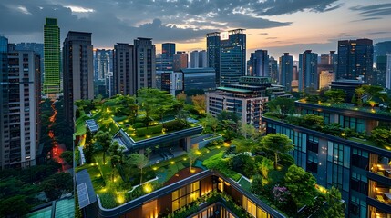 Vibrant Sustainable Cityscape at Dusk with Green Roofs and Energy Efficient Buildings - obrazy, fototapety, plakaty