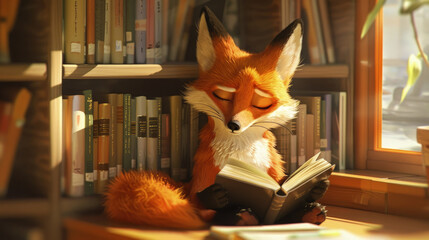 Fototapeta premium A fox seated in front of a window, engrossed in reading a book. The setting sun casts a warm glow, illuminating the scene