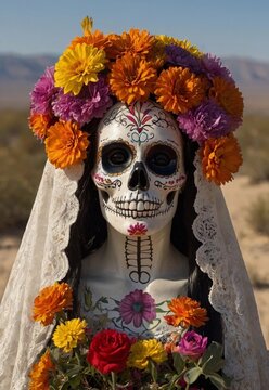 Dia de los Muertos or Cinco de Mayo Celebration.. La llorona, La Santa Muerte. Mexican Skull adorned with flowers at an altar in the desert.