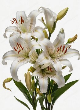 Elegant blooming lilies with buds, on isolated white background