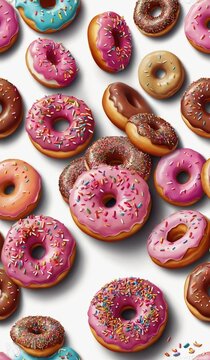 Stack of realistic glazed levitation donuts 3d render. Donuts with different chocolate and fruit glazes and sweet colorful sprinkle on beige background