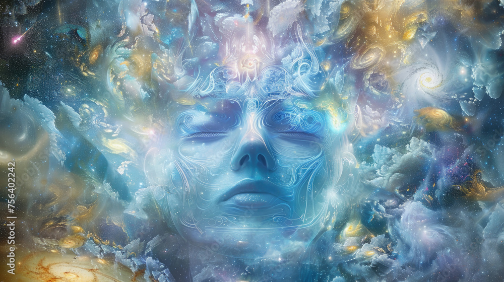 Poster a womans face centered in an ethereal scene with clouds and stars enveloping her features