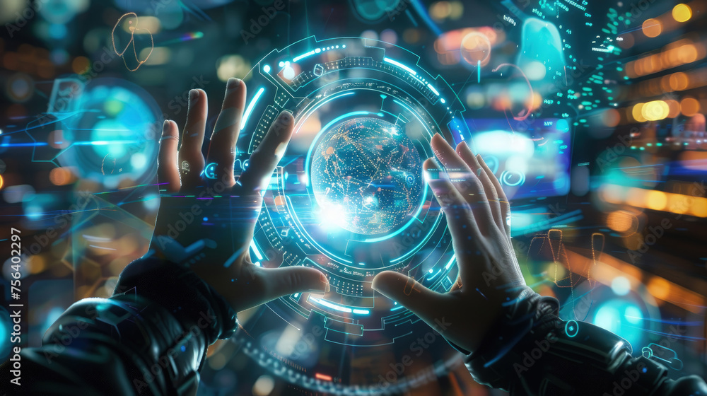 Poster a persons hands engaging with a futuristic holographic interface featuring a glowing digital globe a
