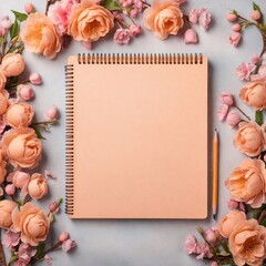 notepad, pencil background, peach fuzz, spring flowers, top view, empty space
