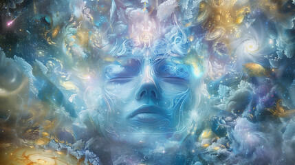 Fototapeta na wymiar A womans face centered in an ethereal scene with clouds and stars enveloping her features