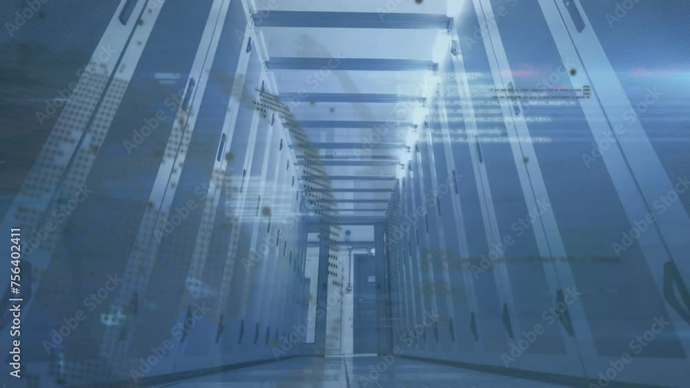 Poster animation of data processing and globe over server room
