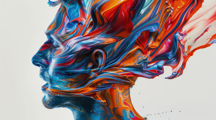 Vibrant swirls of blue, red, and orange paints blend to form a silhouette resembling the side profile of a human head against a white background