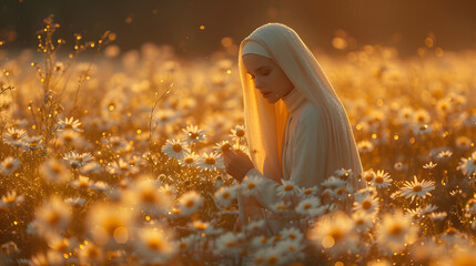 A nun in white praying in the field of vibrant flowers.
