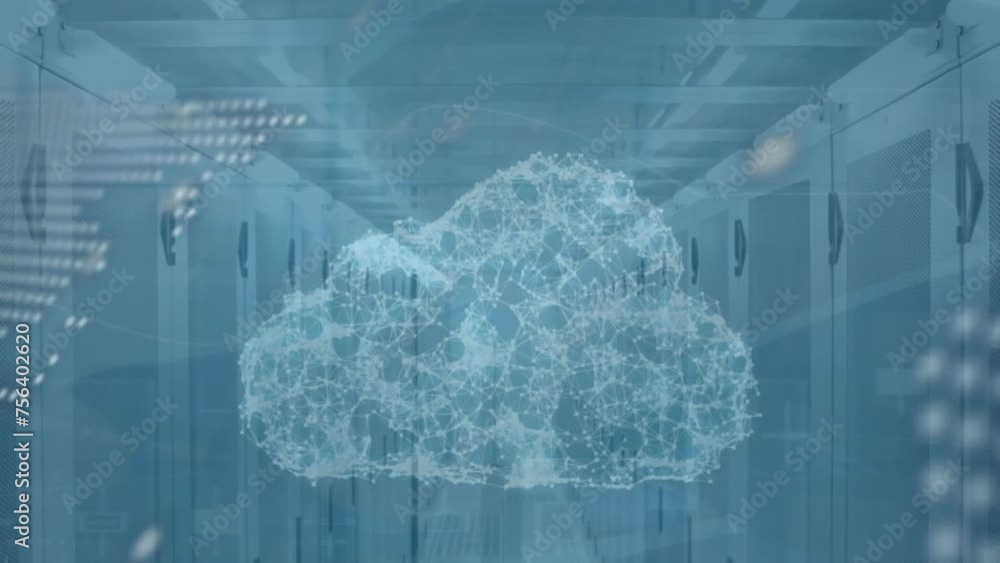 Poster animation of data processing and diagrams over server room