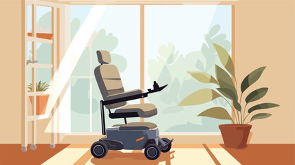 A motorized wheelchair parked near a sunlit window