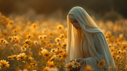 A nun in white praying in the field of vibrant flowers.