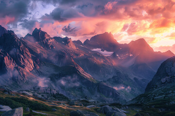 Fototapeta premium Dramatic sunrise over rugged mountains creating a scene of awe and inspiration