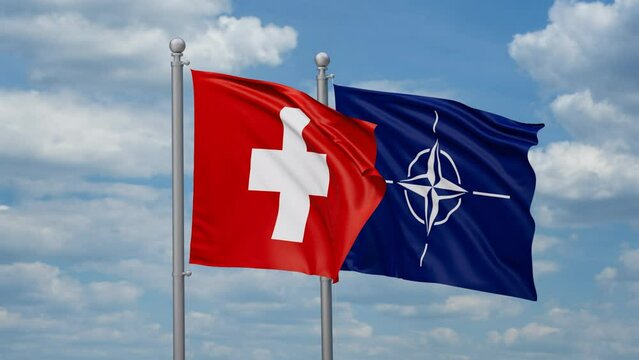 NATO and Switzerland two flags waving together on blue sky, looped video, relations concept