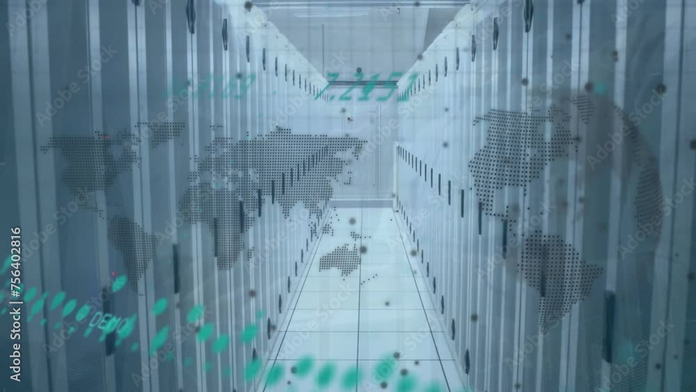 Poster animation of data processing and diagrams over globe and world map in server room