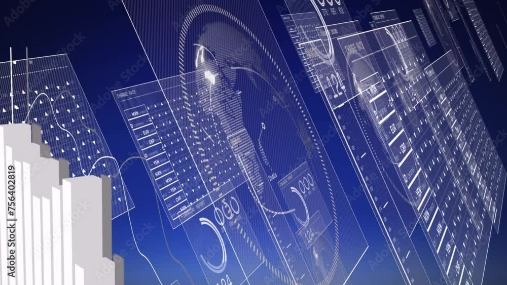 Poster animation of data processing and globe over blue background