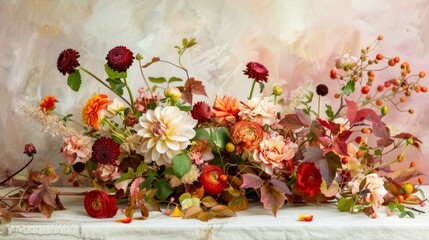 A bouquet of flowers with a variety of colors including red, orange, and yellow. The flowers are arranged in a way that creates a sense of harmony and balance. Scene is one of warmth and happiness