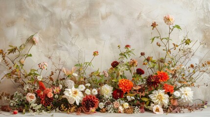 A fall-themed arrangement of stunning flowers against a soft background, forming a floral adornment that encapsulates the season's abundance and coziness, providing a natural flowery backdrop.