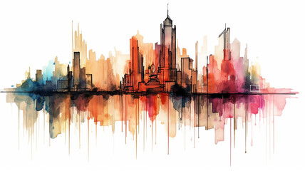 Fototapeta premium multicolored watercolor flat drawing of a city line in the style of ink spots on a white background.