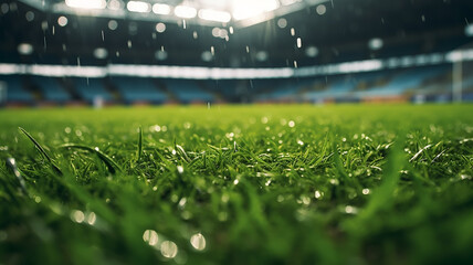 green grass bottom view of a football stadium in the rain - 756403205
