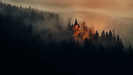 Foto op Canvas misty landscape in autumn mountains lighting, medieval princess castle glows in the night landscape among the clouds © kichigin19