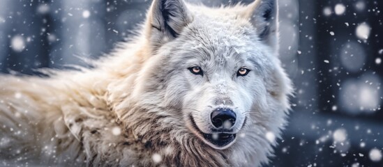 close up white wolf with snowfall background