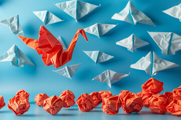 New ideas or transformation concept with crumpled paper balls and a crane, teamwork, creativity, business concept
