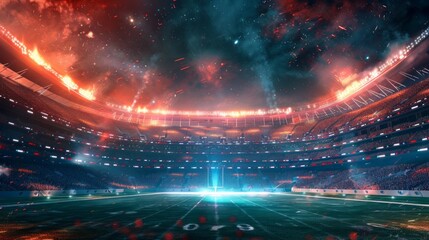 A breathtaking perspective of an American football stadium, illuminated by brilliant lights and vibrant flashes, encapsulating the game's intense energy. - obrazy, fototapety, plakaty