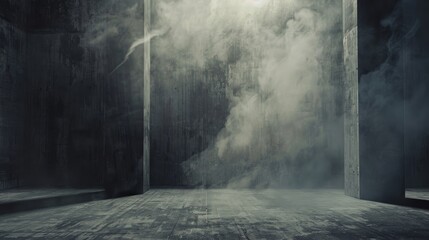 An enigmatic scene set in a vacant, dimly lit abstract cement room, where wisps of smoke ascend, crafting a mysterious and atmospheric interior texture. - obrazy, fototapety, plakaty