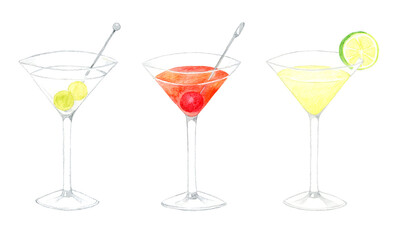 カクテルのセット　飲み物（お酒）の手描き水彩イラスト素材