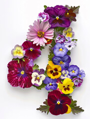 Typeface made out of colored spring flowers isolated on a white background the number 4