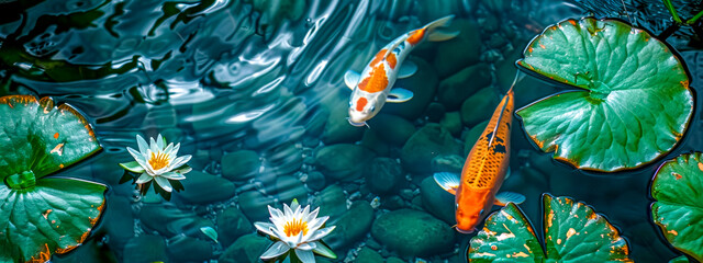 Serene koi pond with water lilies
