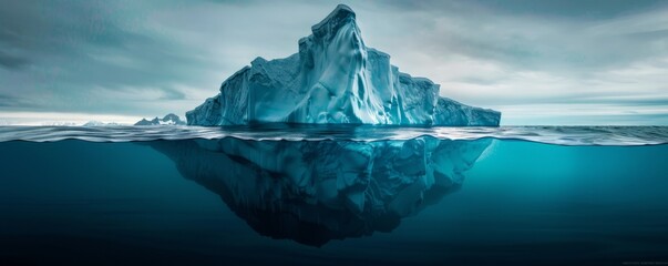 A towering iceberg, mostly beneath the water's surface, symbolizes the concealed hazards and the critical problem of global warming.  - obrazy, fototapety, plakaty
