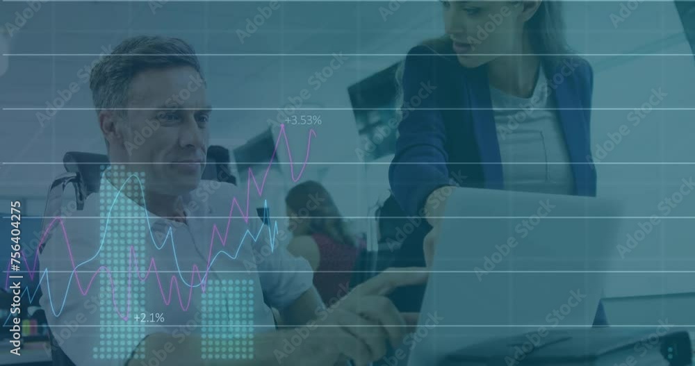 Poster animation of data processing and diagrams over caucasian business people discussing work