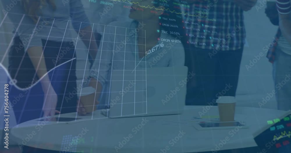 Aufkleber animation of data processing and diagrams over diverse business people discussing work