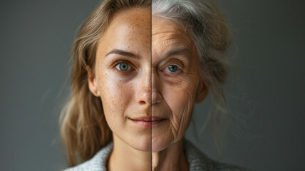 Half young woman's face juxtaposed with a senior's, symbolizing aging.