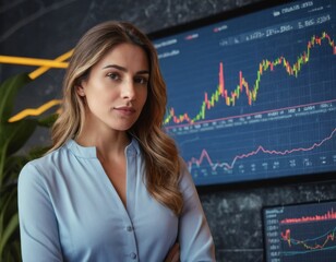 A woman is sitting in front of a computer screen with a lot of graphs on it. She is looking at the screen and she is focused on the data