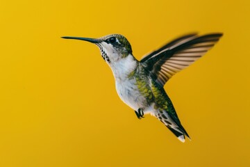 Fototapeta premium Hovering Hummingbird with Iridescent Feathers Against Yellow - Generative AI