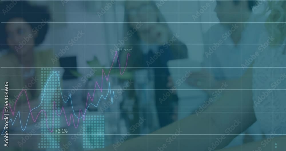 Poster animation of data processing and diagrams over diverse business people discussing work