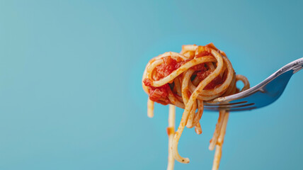 A tantalizing forkful of spaghetti with vibrant tomato sauce entices the palate.